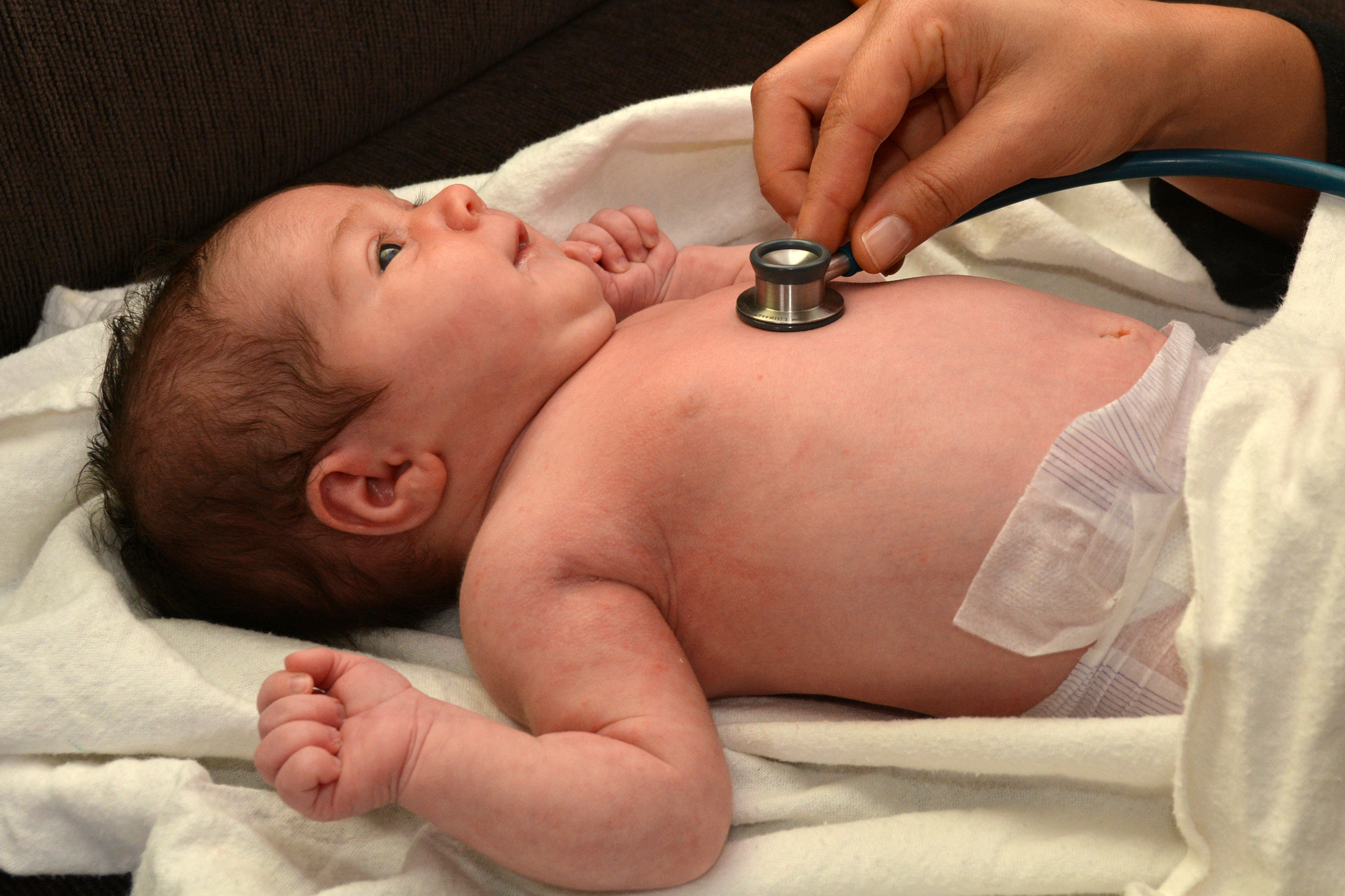 45836977 – midwife checks newborn baby heart beat.